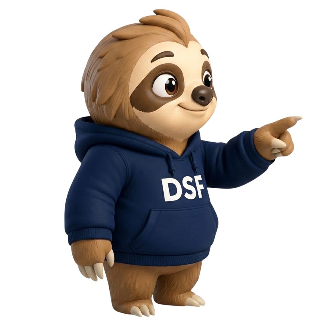 Perezoso mascota de DSF señalando los botones de descarga del app